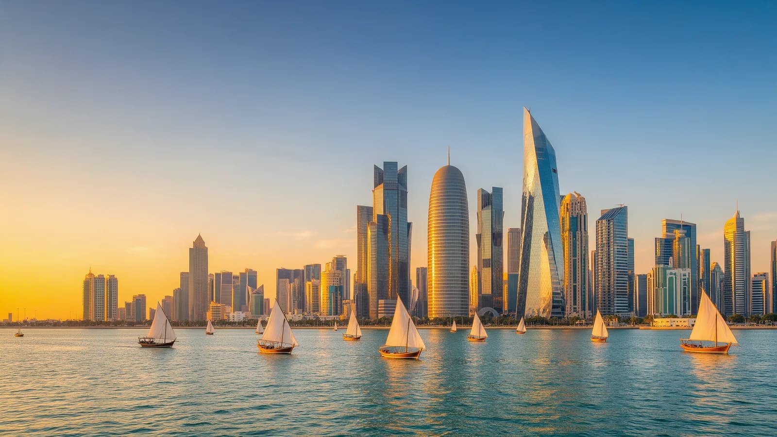 The Doha skyline and traditional dhow boats in Qatar, a destination for Qatar visa applicants from Uganda
