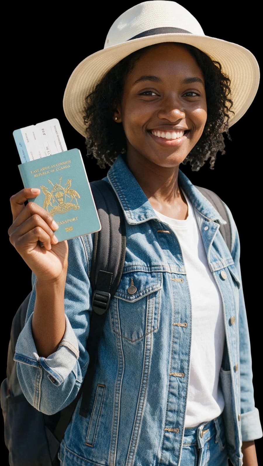 Ugandan traveller holding an East African Community passport and boarding pass, ready to travel after visa application assistance