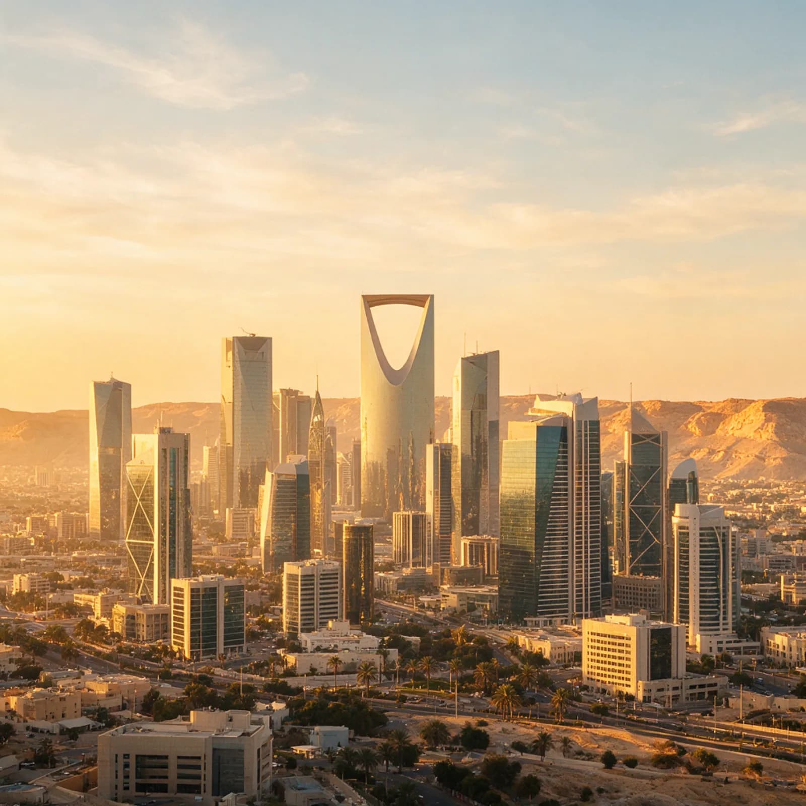 The Riyadh skyline at sunset, Saudi Arabia, a destination for Umrah, visit and business visa applicants from Uganda